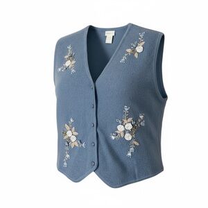 Vintage Embroidered Floral Appliqué 100% Wool Sweater Vest Sz Med Cottagecore